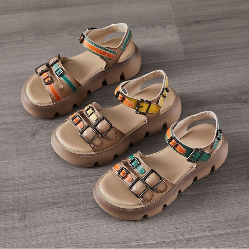 Römische Sandalen für Damen, Sommer, echtes Leder, 2024, Plattform, dicke Sohle, vielseitig, mittlerer Absatz, passendes Kleid, Fischmaul_voghion.com