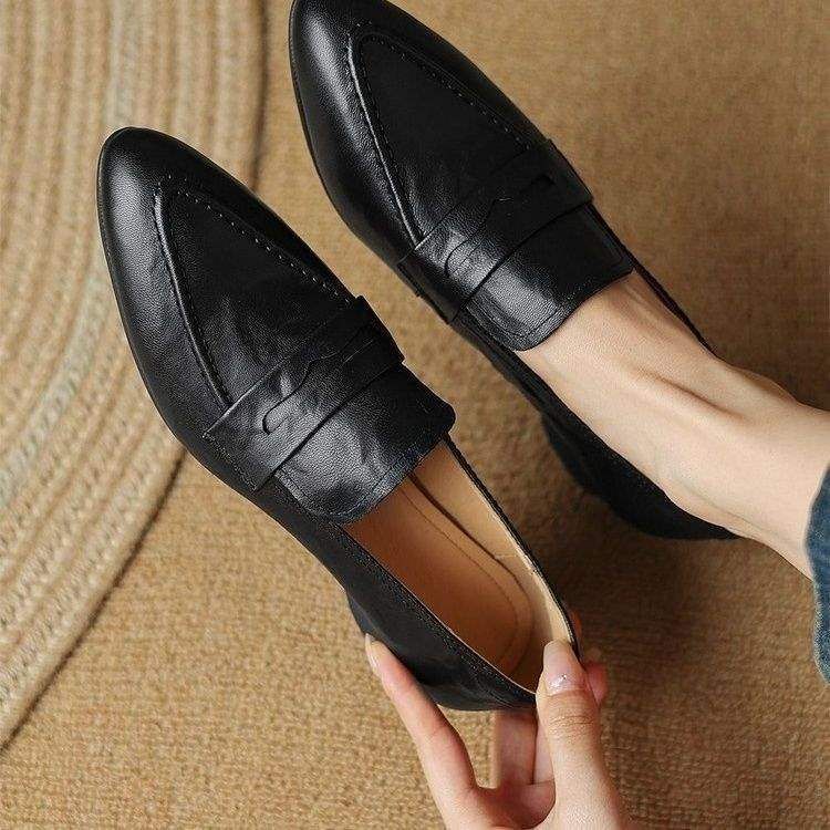 Black Pointed Toe Women's Leather Professional Work Commute Flat Loafers Interview Spring Autumn British Style Single_voghion.com
