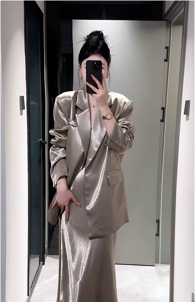Modischer damenhafter Satinanzug für Frauen 2025 Frühjahr Neue Blazerjacke Hoher Taillenrock Zweiteiliges Set_voghion.com