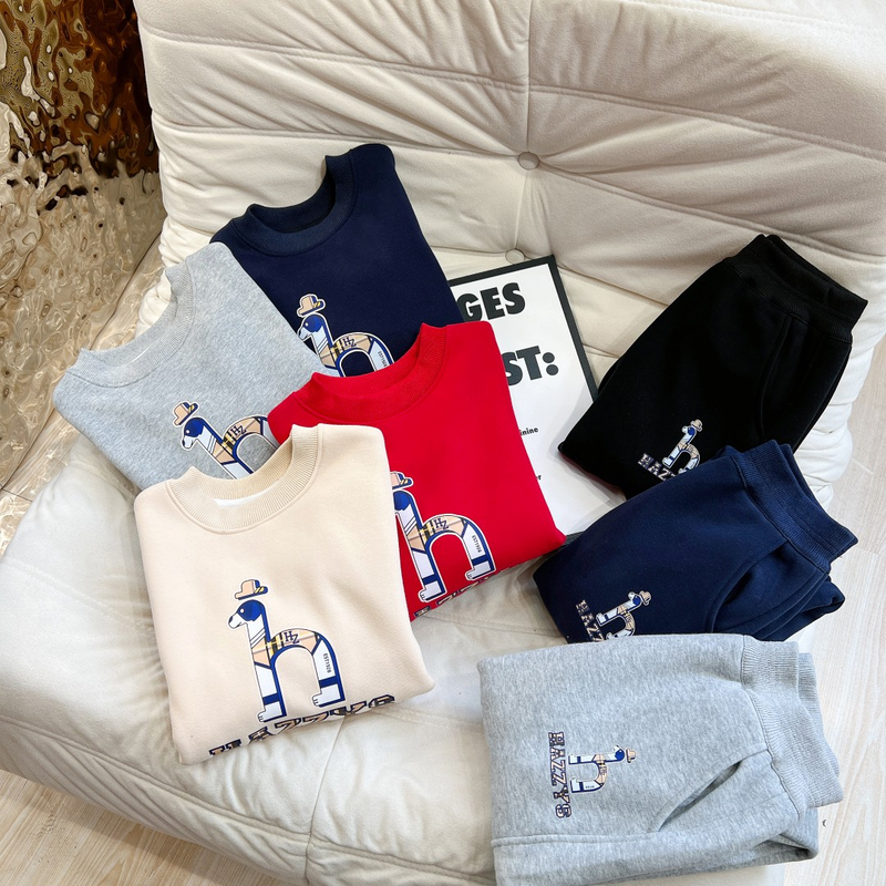 Jungen großer H-Hund verdickter warmer Pullover Jogginghose Anzug Mädchen mittlere und große Kinder gepolstertes Langarm-T-Shirt lang_voghion.com