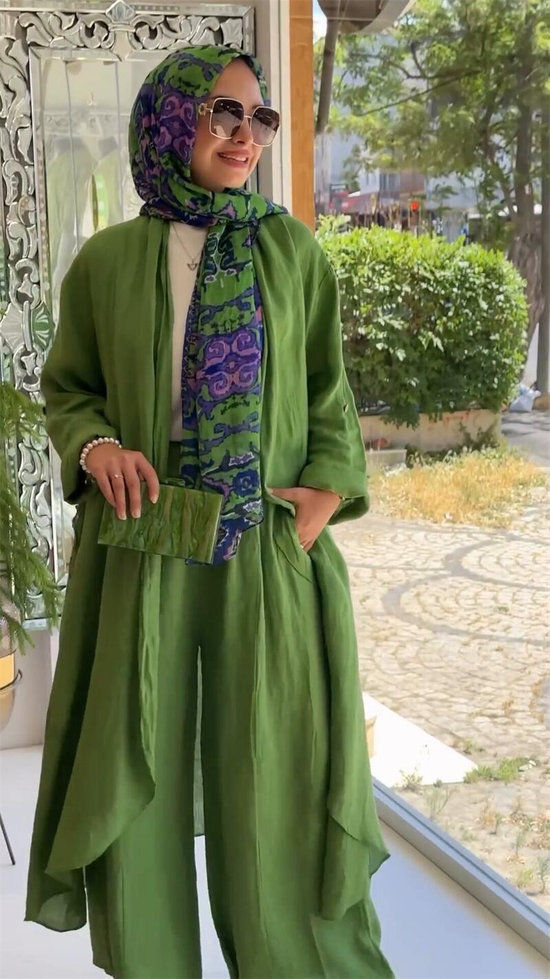 Kadın Müslüman Pamuk Ve Keten Rahat Ve Şık Bol Uzun Hırka Rahat Geniş Paça Pantolon İki Parçalı Set_voghion.com
