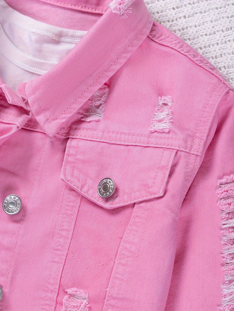 Giacca da bambina in denim lavato rosa, casual, semplice, versatile, stile college, per uscite quotidiane, cappotto, top e gonna._voghion.com