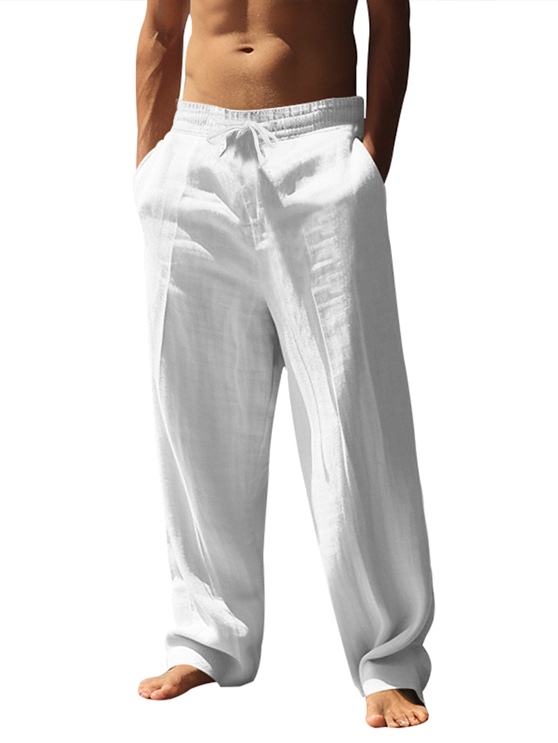 Pantaloni in lino premium da uomo – Pantaloni traspiranti dalla vestibilità comoda con coulisse in vita, leggeri ed eleganti per l'estate_voghion.com