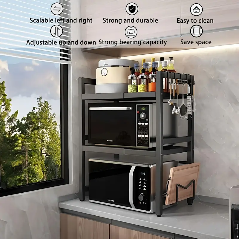 Ausziehbares Mikrowellenregal – Ausziehbarer Ständer mit 6 Haken, strapazierfähig, Küchentheken-Organizer, schwarz_voghion.com