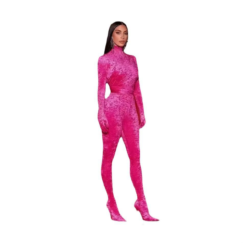 Elegant Velvet High-Neck Bodysuit With Gloves - Stretchy Figure-Hugging Jumpsuit In Rose Red, Long Sleeve & Zip Detail_voghion.com