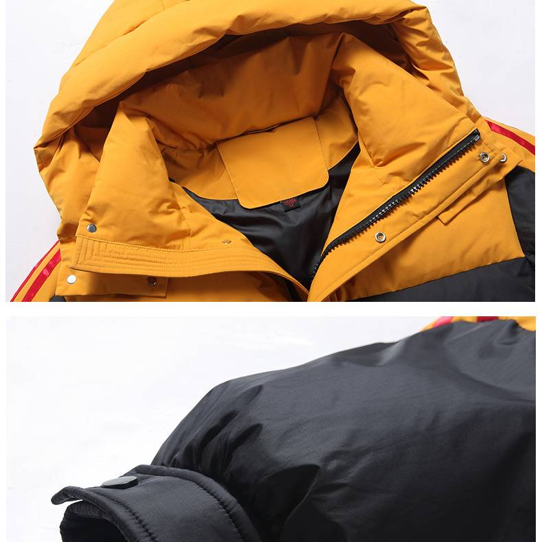 Unisex Color-Block Short Puffer Jacket – 600FP White Duck Down Coat For Hong Kong Streetwear Lovers (Detachable Hood, Black/White & Black/Yellow)_voghion.com