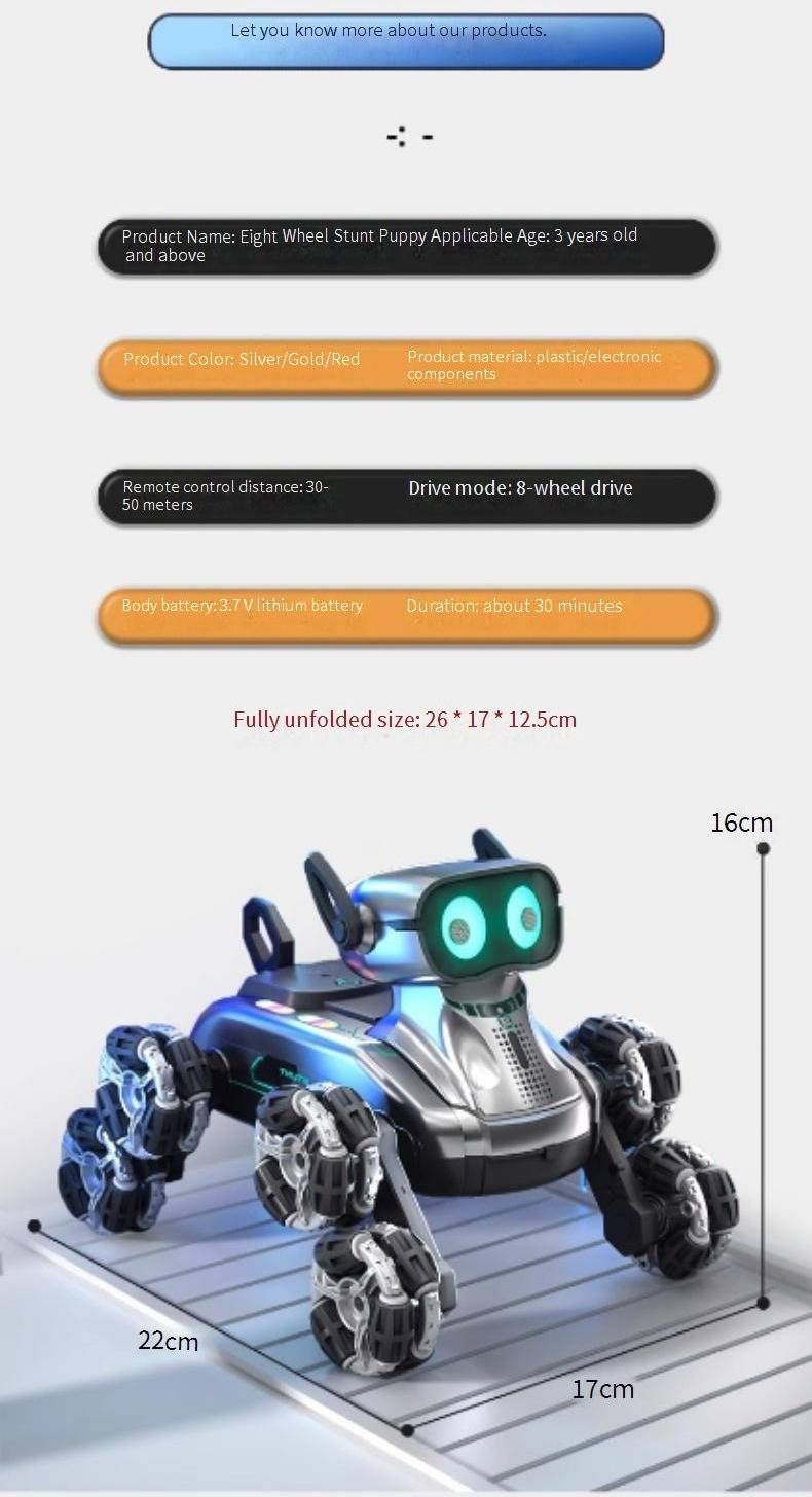 Cão robô com controle remoto de 8 rodas, com controle duplo portátil/relógio, efeitos de toque e som, brinquedo interativo inteligente para crianças (prata/dourado)_voghion.com