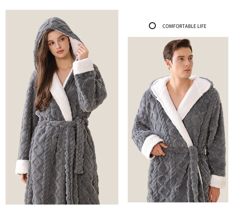 Vollständig verwaltetes, grenzüberschreitendes, erweitertes Jacquard-Flanell-Nachthemd mit Kapuze für Damen, dicker, warmer Pyjama-Bademantel für Paare_voghion.com