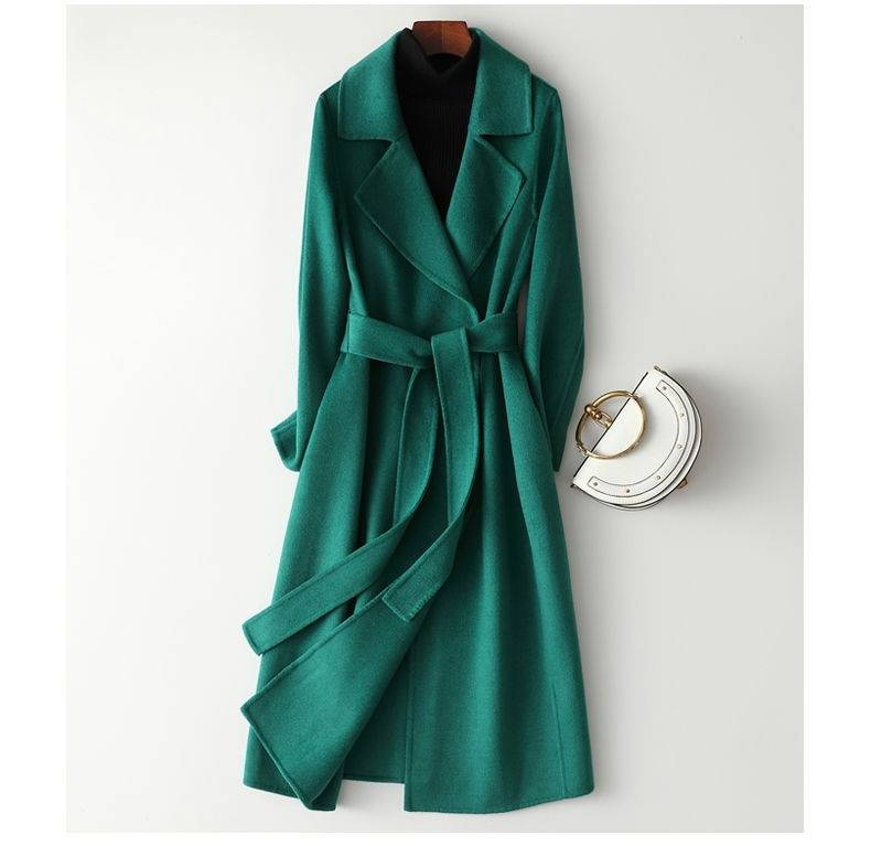 Abrigo de mezcla de lana ajustado para mujer: gabardina de invierno de largo medio con detalle de cordones (negro, blanco, rojo y verde)_voghion.com