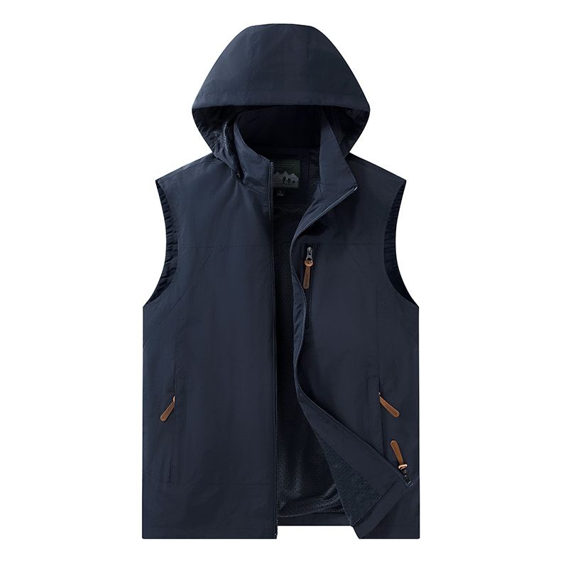 Leichte Kapuzenweste für Herren – Atmungsaktive ärmellose Jacke aus Polyestercord für Outdoor- und Freizeitkleidung (Zweireiher, Reißverschlusstaschen, gestreift)_voghion.com