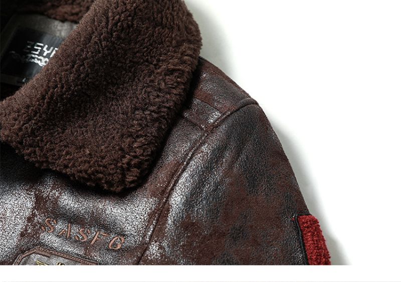 Men's Aviator Style PU Leather Jacket With Embroidered Patches, Fleece-Lined Biker Coat For Winter (Black, Brown, Vintage Brown)_voghion.com