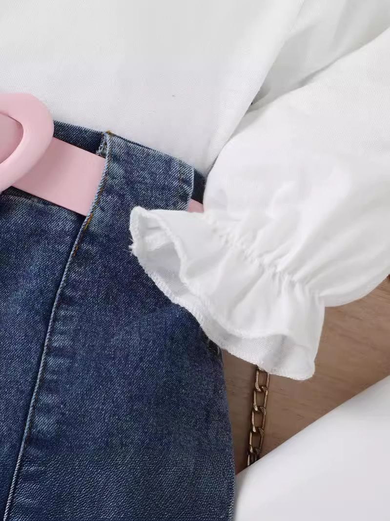 Mutter & Kinder Kinderkleidung Mädchen Einfarbiger Pullover Langarmoberteil Denim Offene Tasche Faltenrock Multi Schnalle Gürtelanzug_voghion.com