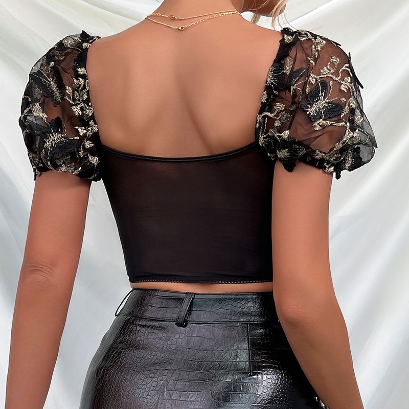 Maglietta da donna a maniche corte con scollo a V e ricami a farfalla, in rete trasparente con cuciture, slim fit_voghion.com