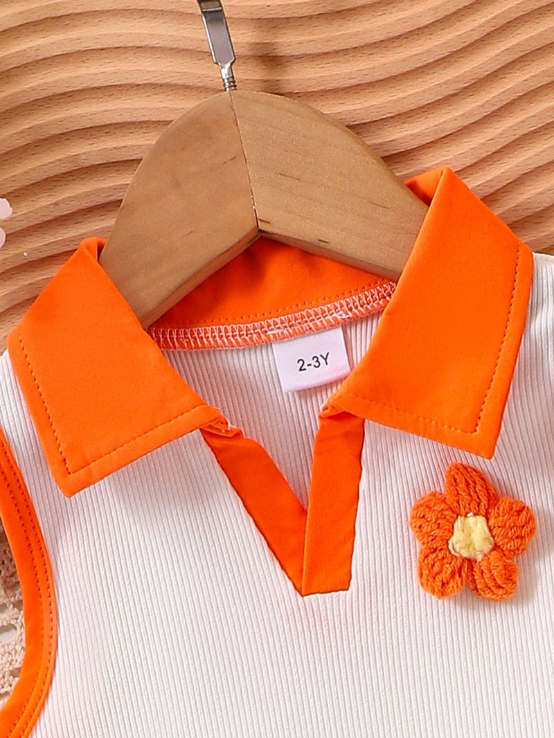 Ropa para niños Verano Niñas Solapa Sin mangas Flor Contraste Chaleco Encaje Denim Shorts Traje_voghion.com