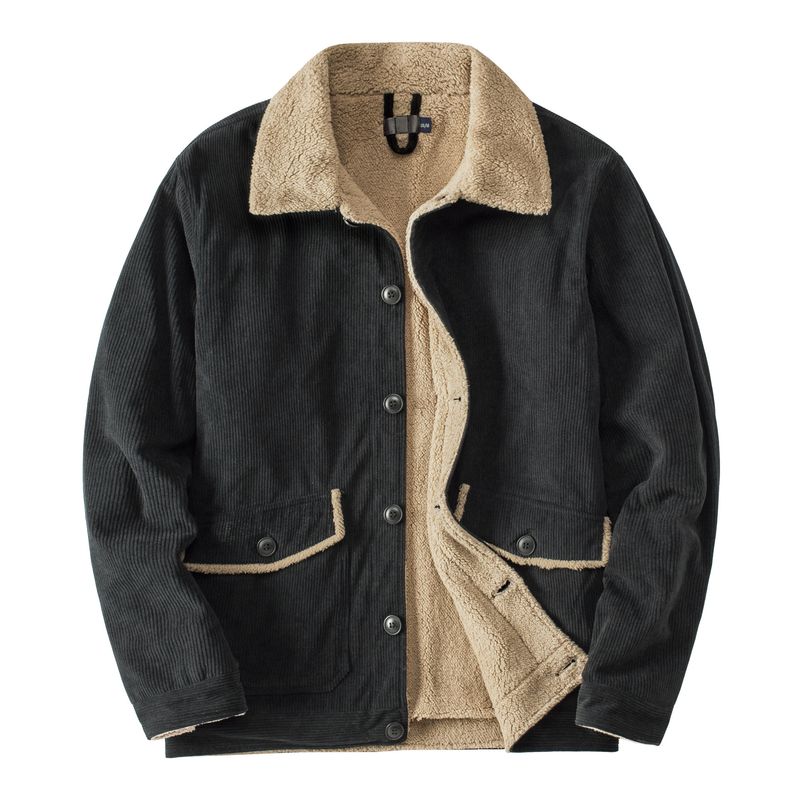 CT Men's Corduroy Fleece-Lined Thickened Jacket Plus Size Solid Color Turn-Down Collar Loose Lamb Wool Coat_voghion.com