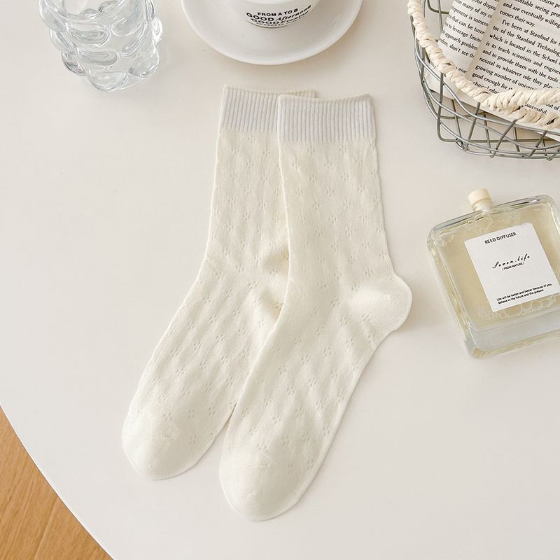 Women's Thin Ins Style, Solid Color, Hollow Mesh, Breathable, White Cotton, Loose Mid Calf Socks, New Wave_voghion.com