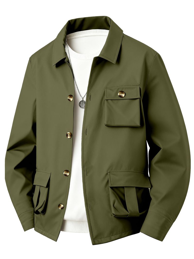 "Freizeitjacke mit mehreren Taschen für Herren – Leichter Workwear-Stil mit Knopfverschluss – Armeegrün/Schwarz/Blau/Grau/Khaki"_voghion.com