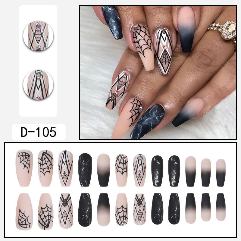 Unghie finte a forma di ragnatela di Halloween - Unghie finte lunghe e di lusso con colla e linguette in gel - Adesivi riutilizzabili per nail art da donna_voghion.com