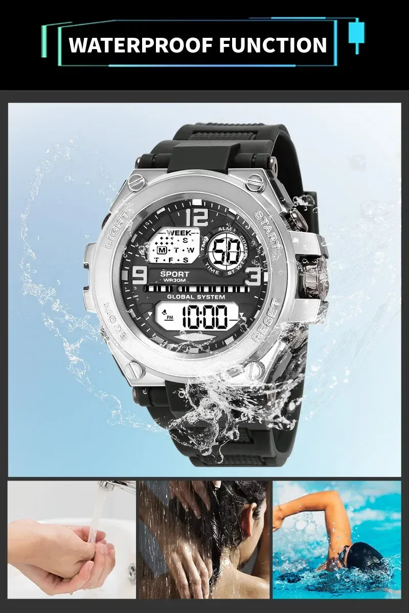 Reloj digital LED multifunción para hombre, deportivo, negro, para niños y estudiantes, resistente al agua, luminoso, despertador, electrónico._voghion.com