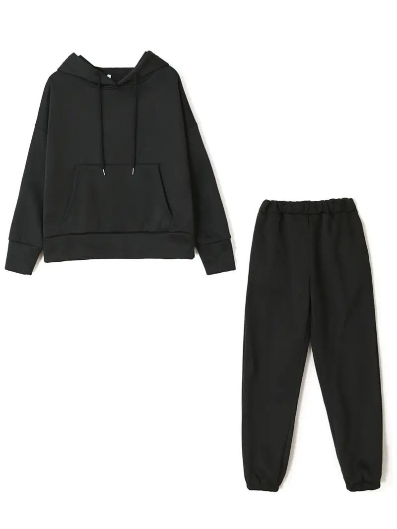 Conjunto esportivo de duas peças com capuz e calça casual de cor sólida para outono/inverno 2024 feminino_voghion.com