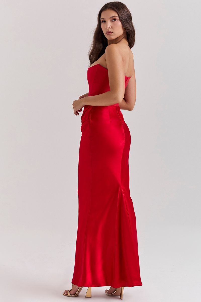 2025 neues rotes trägerloses Korsett Sexy Slim Fit Mermaid Langes einfarbiges Kleid für Frauen_voghion.com