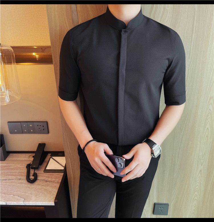 Douyin fornisce camicie da uomo a maniche lunghe, slim fit, con colletto alto, a maniche lunghe, con bottoni nascosti, nuove camicie estive._voghion.com