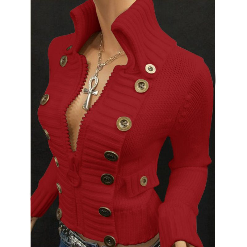 Women's Fashion Stand Collar Zipper Slim Sweater Women's Solid Color Button Up Top_voghion.com
