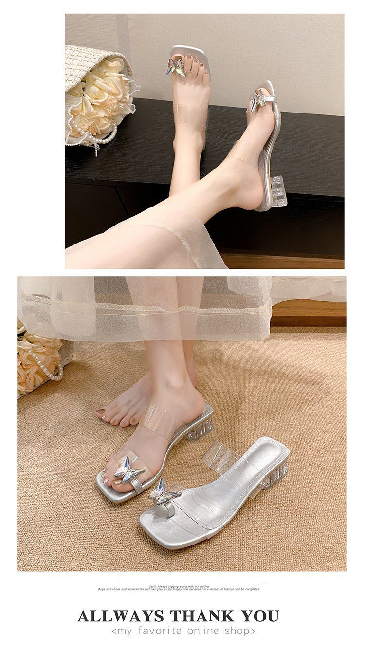 Damen-Pantoletten mit transparentem Absatz und Kristallverzierung – 8,9 cm hoher Blockabsatz und Schmetterlings-Zehenring (eleganter Stil)_voghion.com