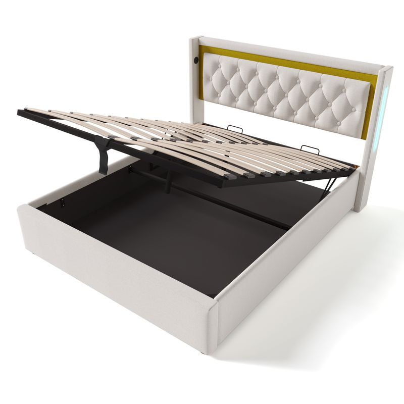 Lit double avec rangement LED et chargement USB Type-C, tête de lit rembourrée en coton, cadre de lit enfant 140 x 200 cm avec sommier à lattes (matelas inclus)_voghion.com
