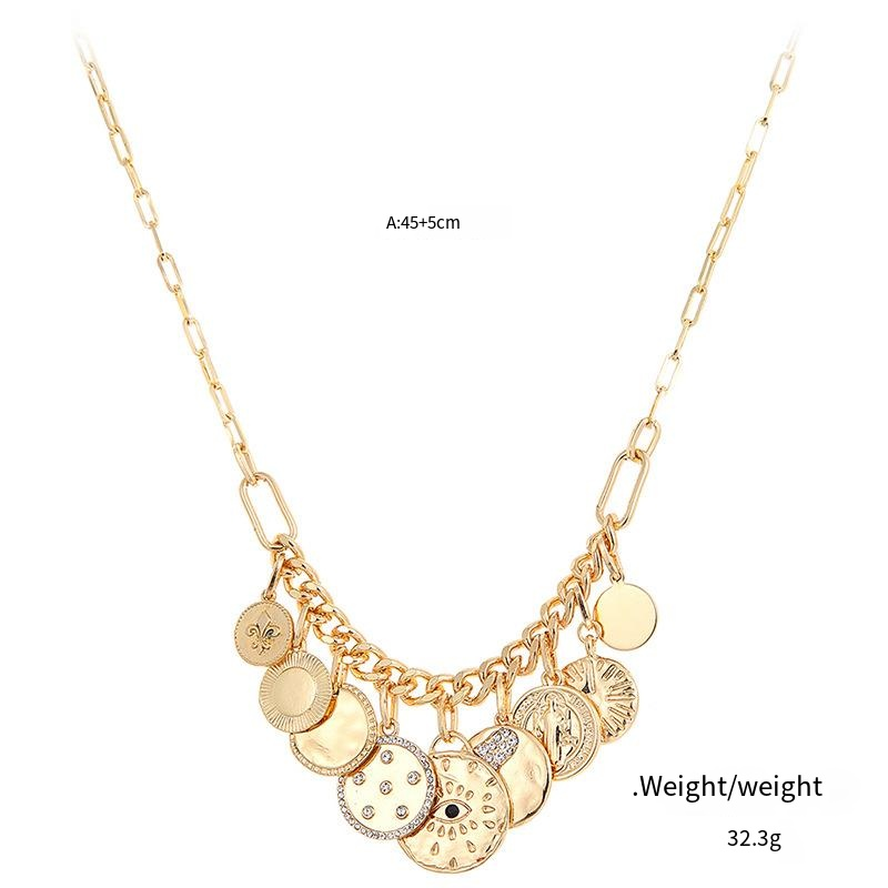 Mystische Münzen im Designer-Stil mit kleinem Anhänger und Latzhalskette mit Diamantrelief_voghion.com