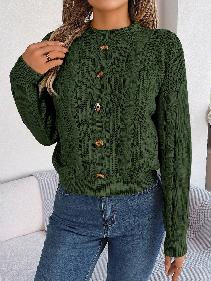 Cropped Sweaters for Women Crew Neck Crochet Knit Pullover Sweater Fall Trendy Button Long Sleeve Solid Color Jumper Tops_voghion.com