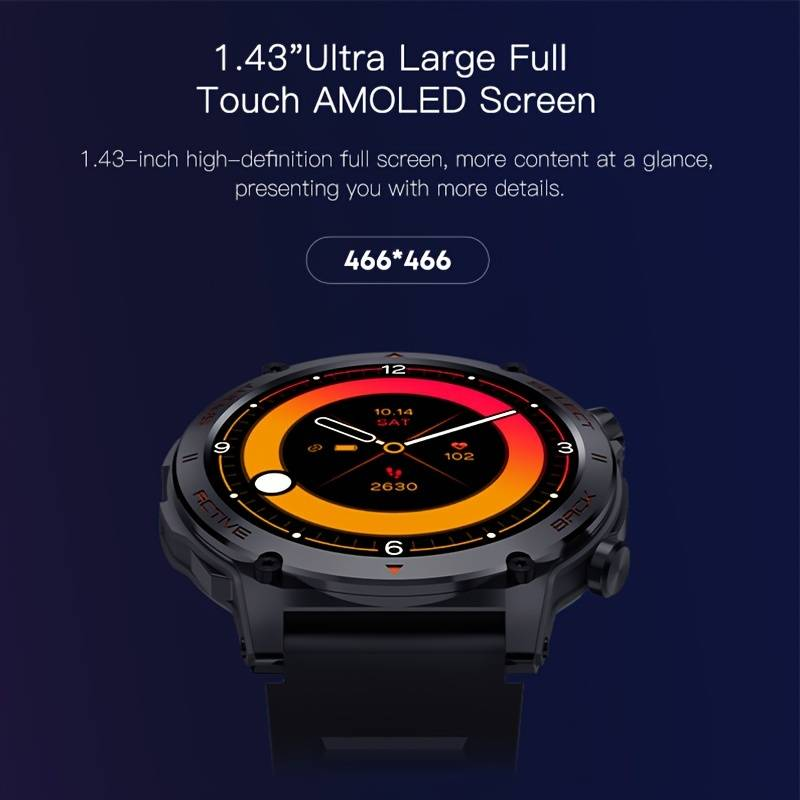 1.43 "large touch screen waterproof Bluetooth smartwatch - fully functional fitness tracker and phone answering, IP68 waterproof, sleep monitoring_voghion.com