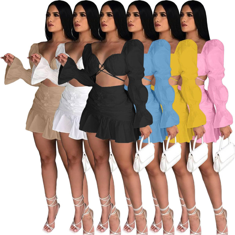 Ensemble 2 pièces sexy pour femme, tenue de festival, haut court à manches bouffantes et mini-jupe à volants, tenue de club, tenue de soirée assortie_voghion.com
