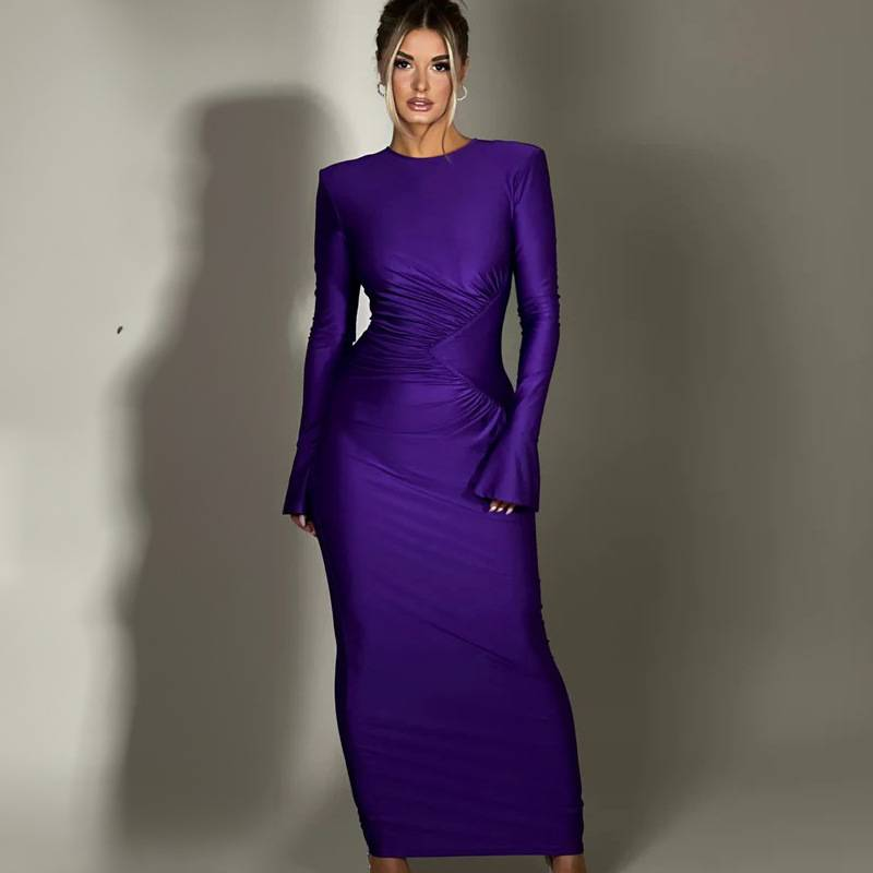 2025 Efterår O-hals Langærmet Bodycon Folds Aftenkjoler Til Kvinder Elegant Mode Høj Talje Tunikaer Lang Festkjole Kvinde_voghion.com