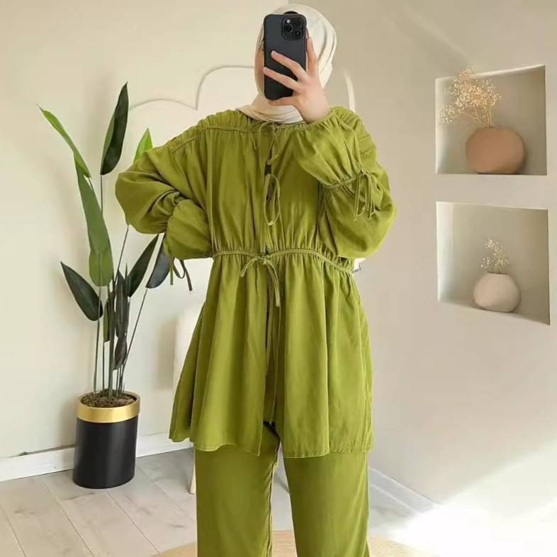 Women's Clothing Solid Color Drawstring Loose Tops Casual Trousers Two Piece Set_voghion.com
