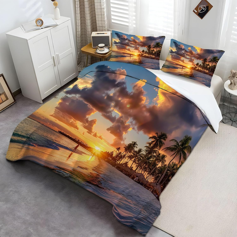 Bettbezug-Set Sunset Beach Punta Cana Palm Trees, 3-teilig, Bettbezüge mit Kissenbezügen, Mikrofaser-Bettwäsche-Sets mit Reißverschluss, weich und bügelfrei_voghion.com