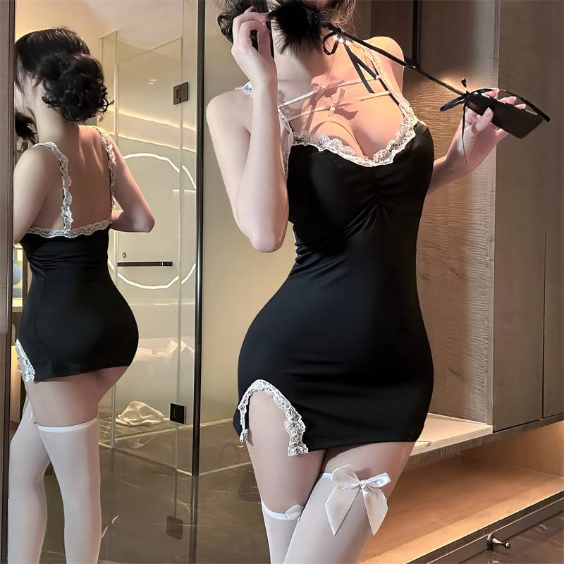 Women's Sleepwears New Deep V Suspender Pajamas Home Clothes Women's Suit Straps Slit Lace Chest Pad Tight Hip Nightdress_voghion.com