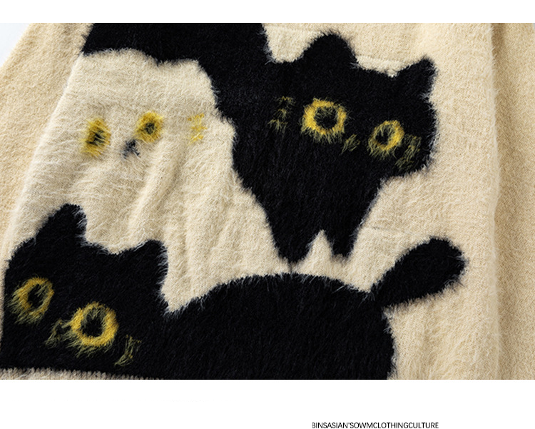 Pull en mohair déchiré avec motif chat mignon, marque tendance, style rétro, dessin animé, pour homme, style universitaire, pour couple, décontracté, tricoté_voghion.com