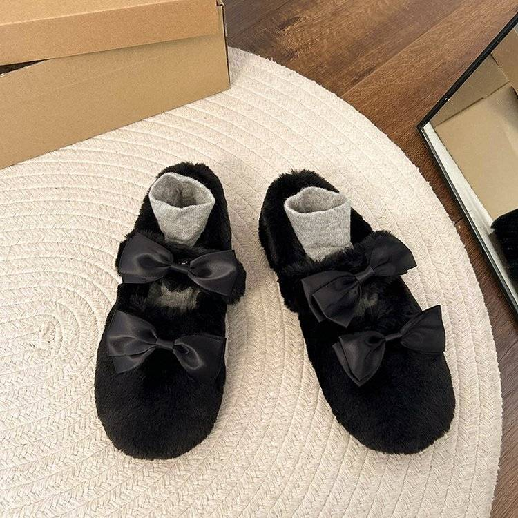 Nuove scarpe da donna autunno/inverno 2025.1 con doppio fiocco e scarpe in cotone felpato, senza calzini_voghion.com