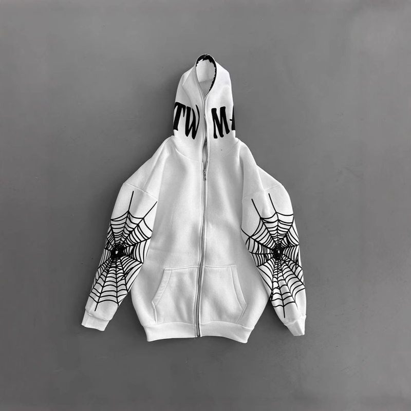Felpa con cappuccio Spider Web - Felpa con cerniera stile streetwear gotico (stampa 3D, vestibilità oversize unisex, versatile in bianco e nero)_voghion.com