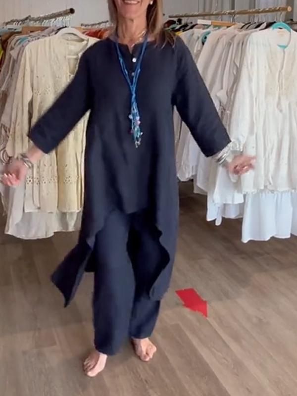 Women's Casual Linen Long Sleeve Two-Piece Set – Breathable Cotton Blend, Loose Fit, Plus Size Available (S-5XL)_voghion.com