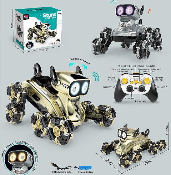 Cão robô com controle remoto de 8 rodas, com controle duplo portátil/relógio, efeitos de toque e som, brinquedo interativo inteligente para crianças (prata/dourado)_voghion.com