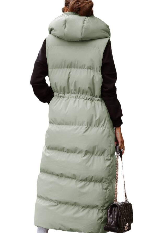 Women's Long Hooded Puffer Vest With Belt - Slim Fit Casual Zip-Up Sleeveless Jacket For Winter (White, Pink, Green, Black, Blue, Army Green)_voghion.com