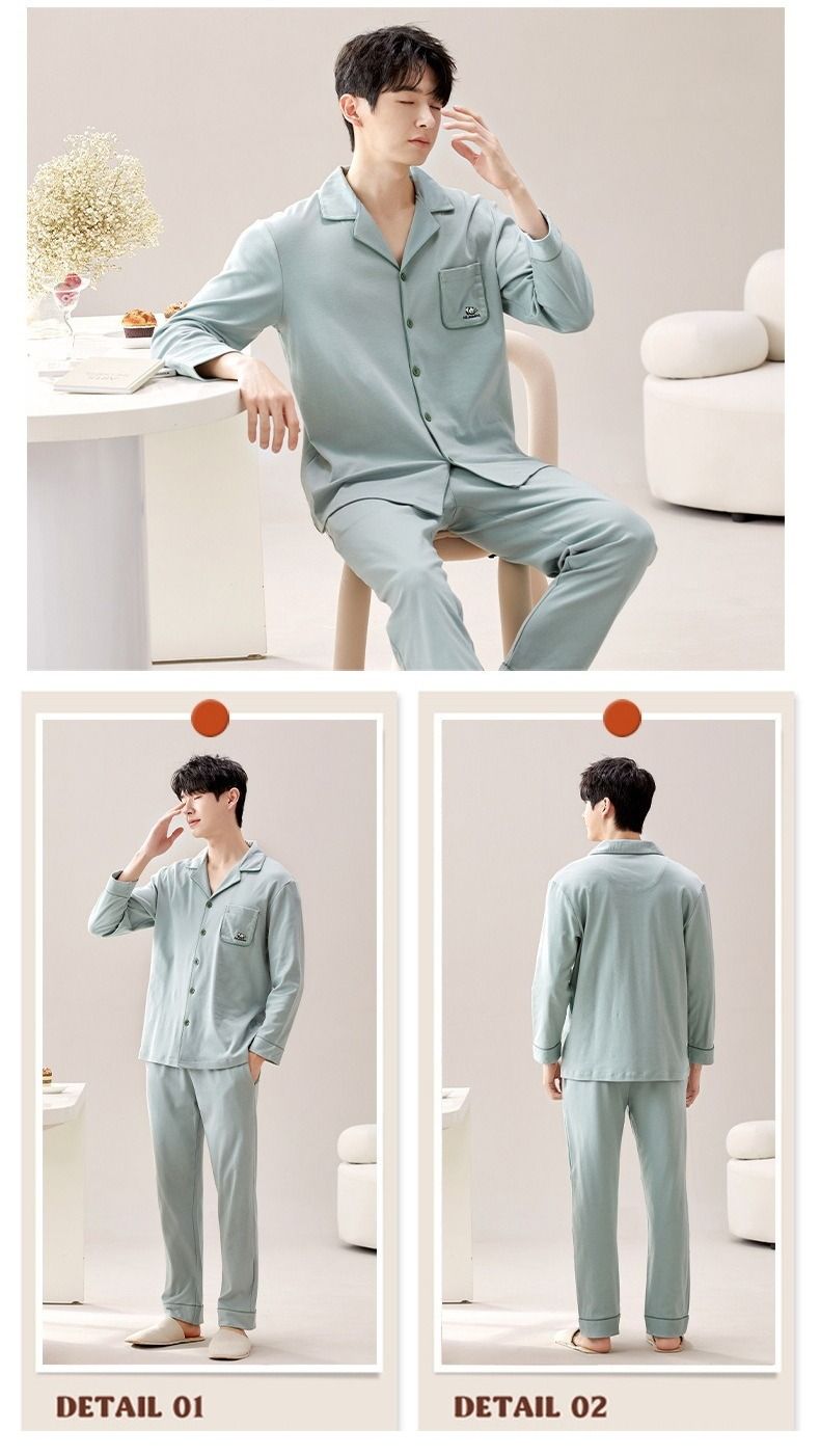 2025 Autumn/winter Thin Men's Loose Fit Plus Size Home Suit Set, Pure Cotton Long Sleeved Pants Pajama Set_voghion.com