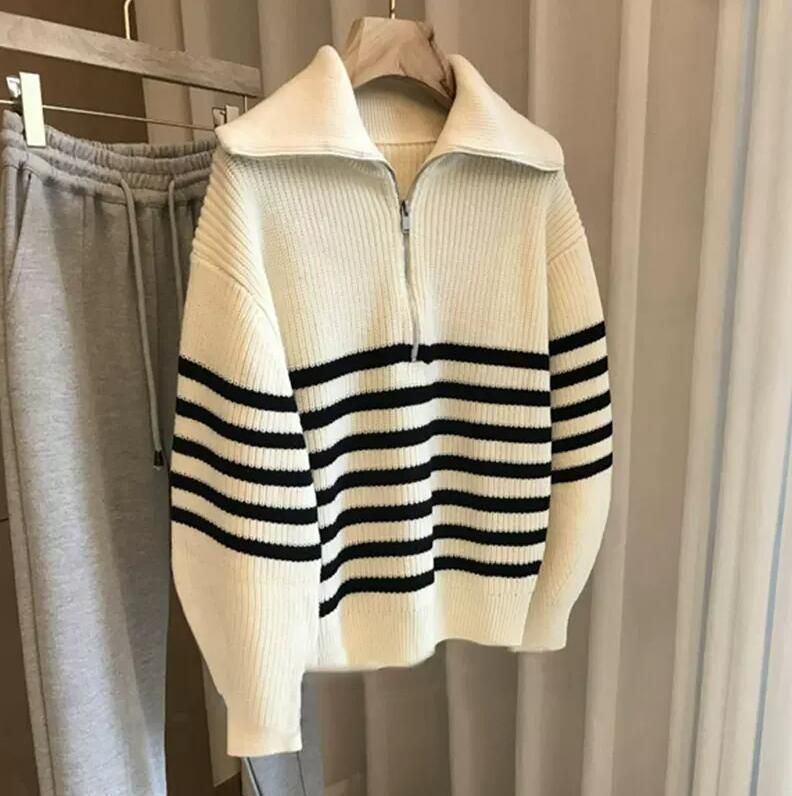„Sweter damski z kołnierzykiem i zamkiem błyskawicznym – prążkowana dzianinowa bluza w paski (luźny krój, mieszanka wełny owczej, kontrast w czerni i bieli, rozmiar uniwersalny)”_voghion.com