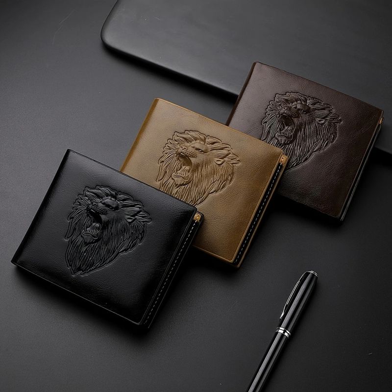 1 billetera con estampado en relieve 3D de león para hombre, de cuero sintético, para tarjetas de crédito, monedas, regalo de Navidad_voghion.com