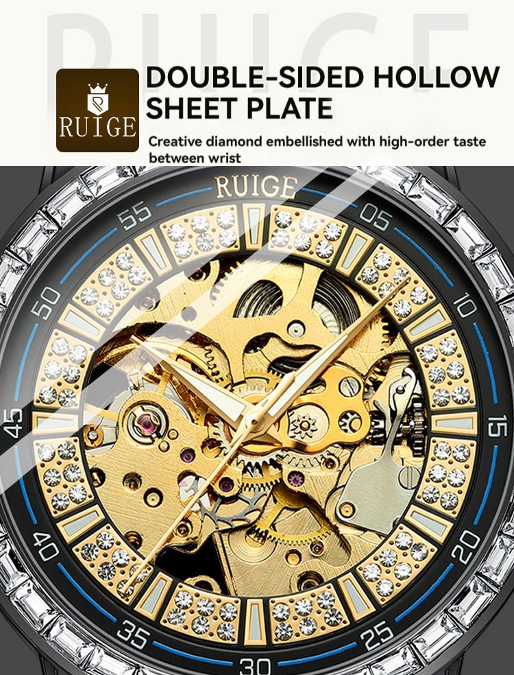 Reloj mecánico automático de lujo RUIGE para hombre, de acero inoxidable, con incrustaciones de diamantes, hueco, con brillo nocturno, resistente al agua, moderno._voghion.com