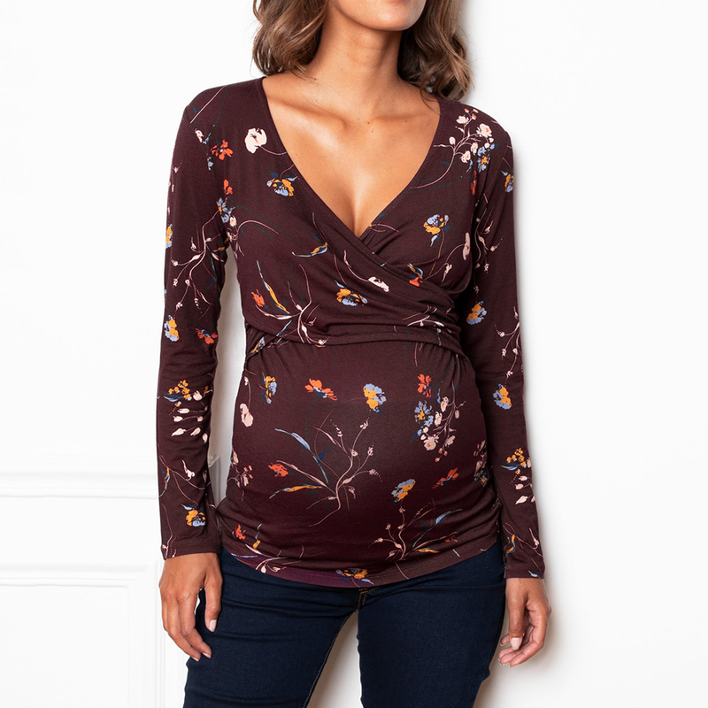 Spring and Autumn Pregnant Women's Deep V-neck Long Sleeve Printed Cross Breastfeeding Care T-shirt_voghion.com