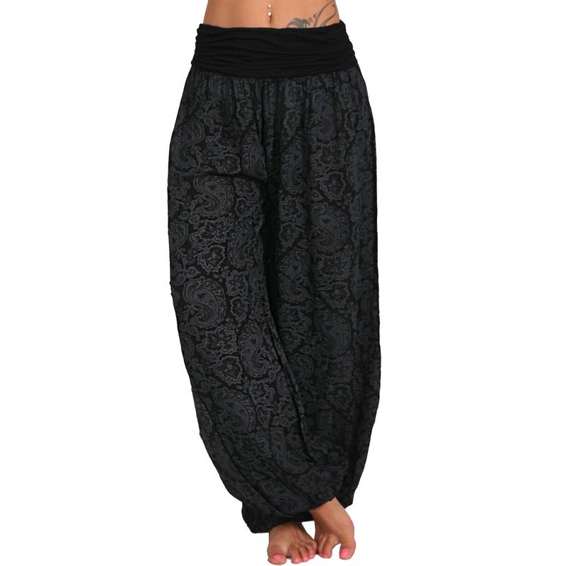 Roupas femininas Impressão digital Calças longas e largas Calças casuais Calças harém_voghion.com