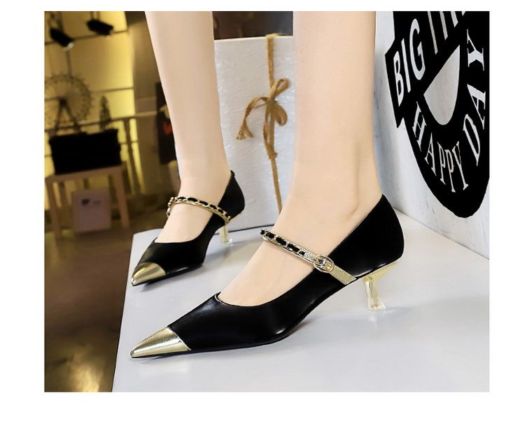 Fashion elegant light luxury party women's shoes medium heel shallow mouth pointed metal chain with a single shoe_voghion.com